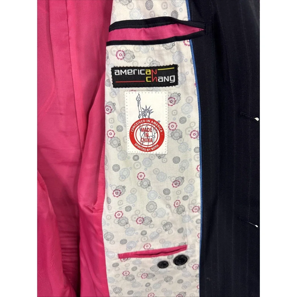 American Chang XL Pinstripe Wool Blazer Great Wall Graphic Pink Stitch Lining - Picture 2 of 7